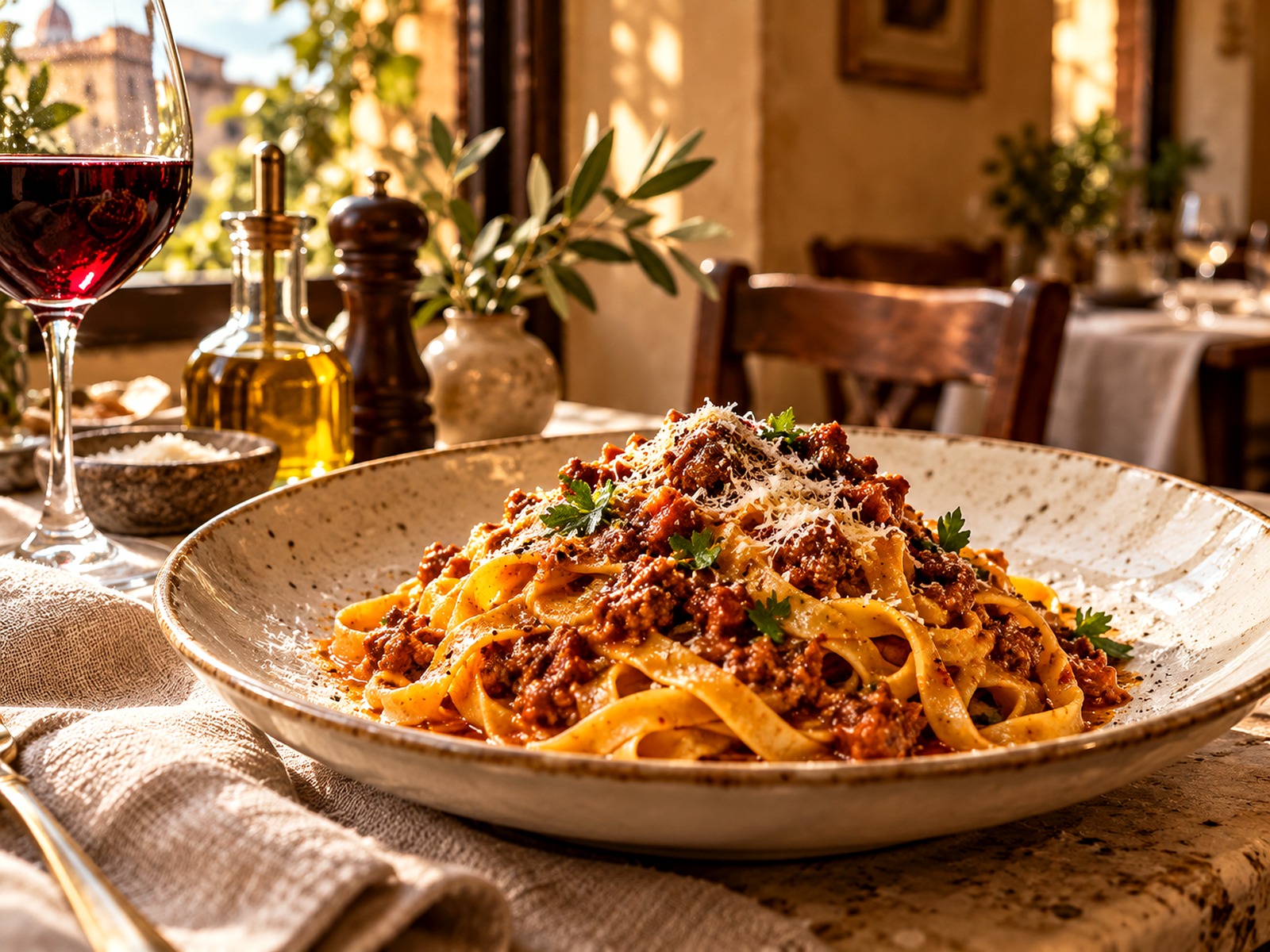 Tagliatelle artigianali al ragù, servite in una trattoria italiana